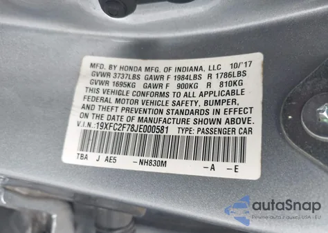 2018 Honda Civic Ex z USA, uszkodzony, nr VIN 19XFC2F78JE000581